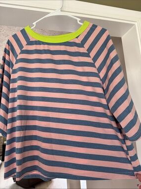 Striped Pink and Blue Boatneck Top with Neon Trim